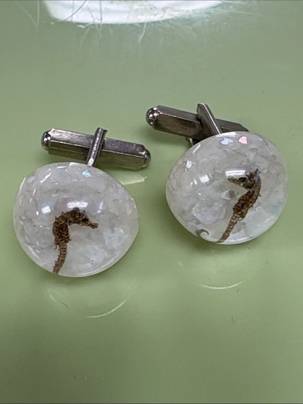Seahorse Resin Cufflinks in Clear White